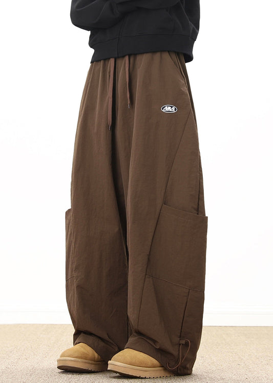 Coffee Elastic Wide Cotton Pockets Retro Mens Waist Drawstring