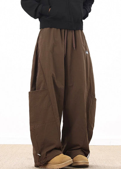 Coffee Elastic Wide Cotton Pockets Retro Mens Waist Drawstring