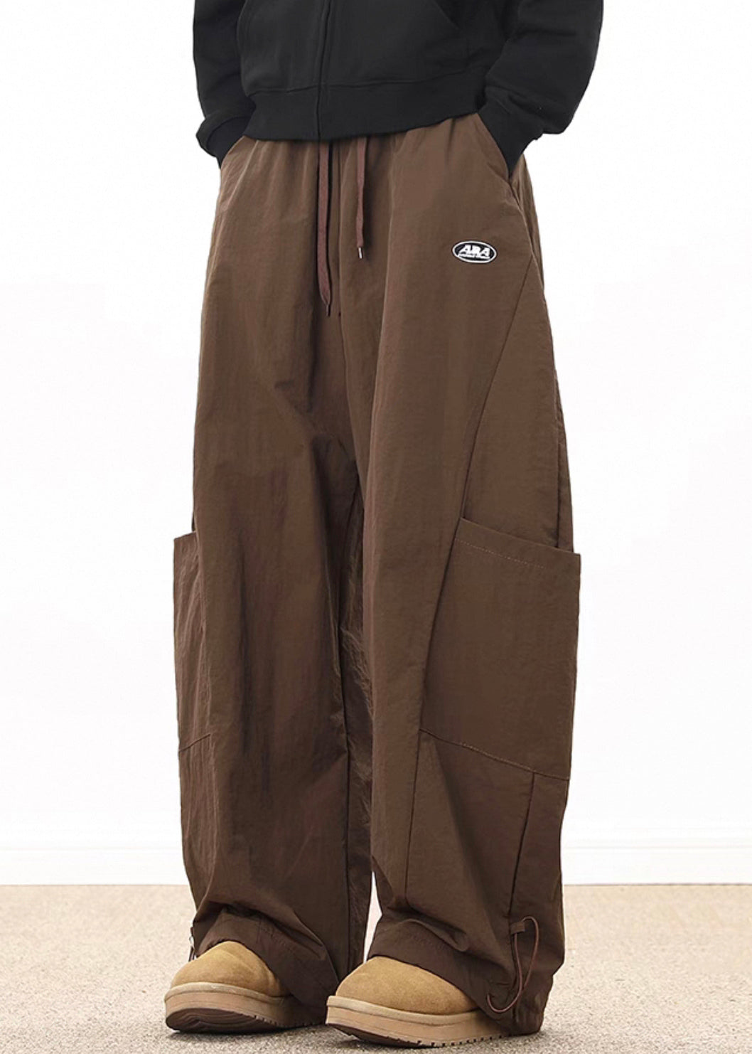 Coffee Elastic Wide Cotton Pockets Retro Mens Waist Drawstring