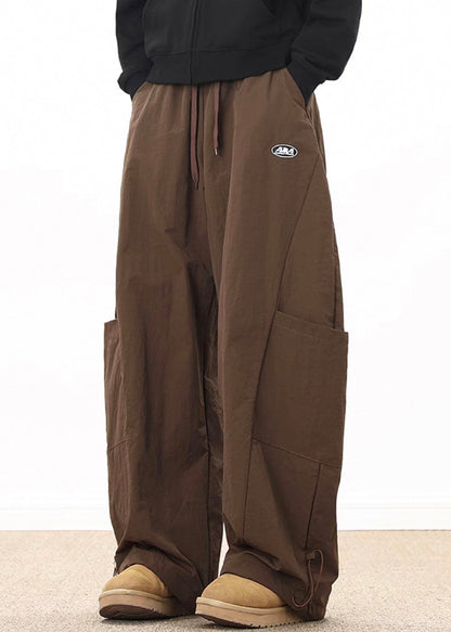 Coffee Elastic Wide Cotton Pockets Retro Mens Waist Drawstring