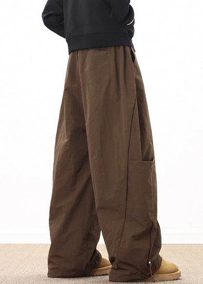 Coffee Elastic Wide Cotton Pockets Retro Mens Waist Drawstring