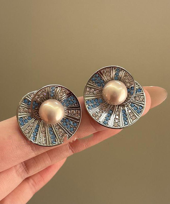 Zircon Shell Retro Pearl Copper Stud Colorblock Overgild Earrings