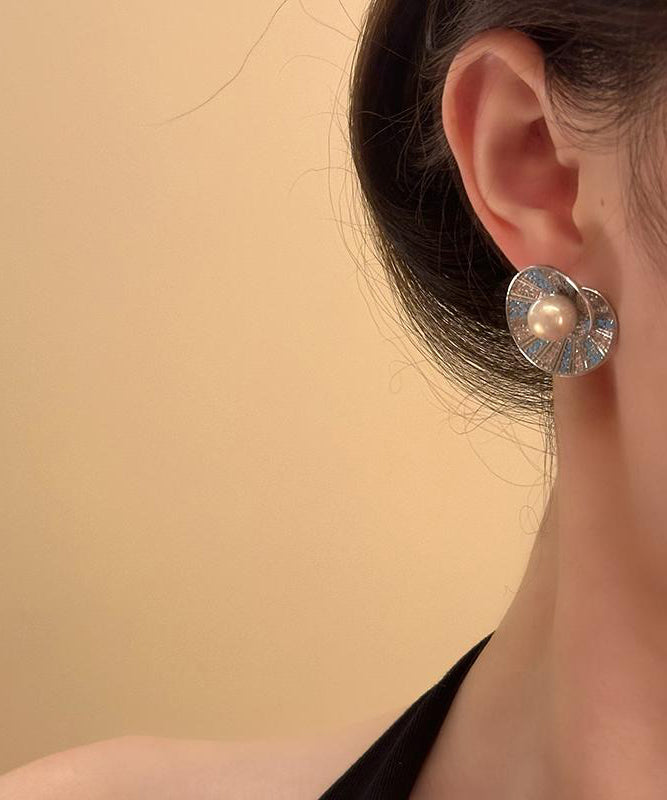 Zircon Shell Retro Pearl Copper Stud Colorblock Overgild Earrings