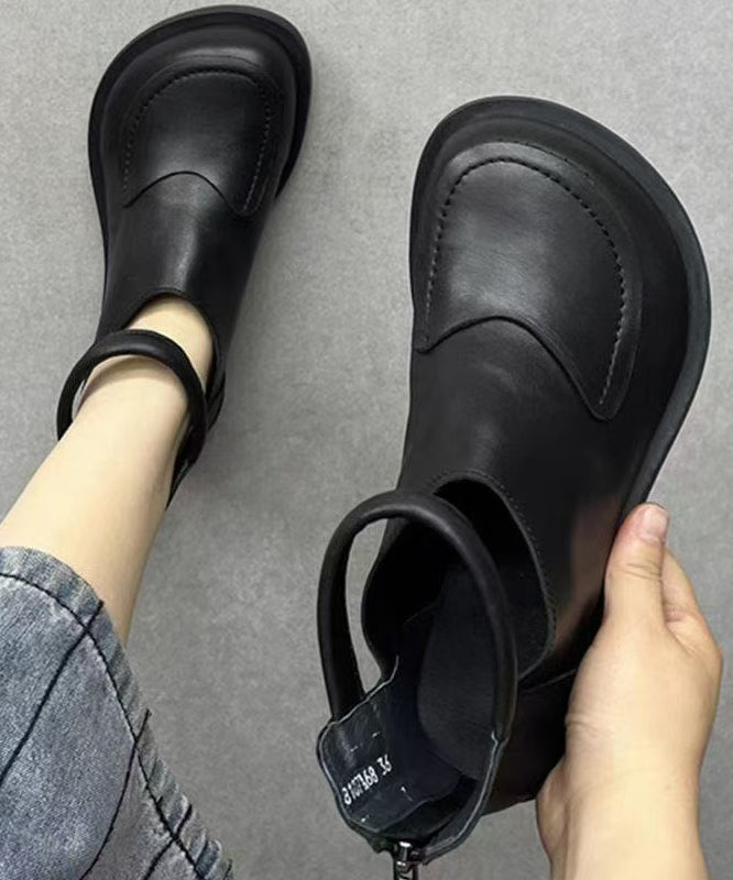 Cowhide Black Splicing Boots Leather Comfy Retro