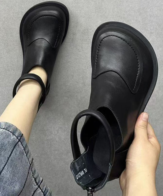 Cowhide Black Splicing Boots Leather Comfy Retro