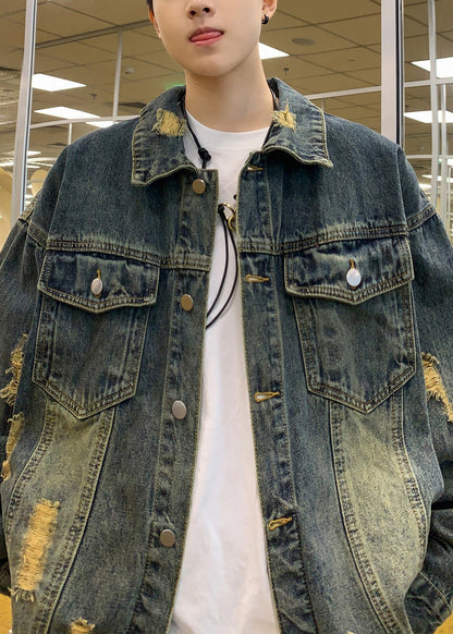 Blue TC036 Hole Denim Retro Mens Denim Pockets Coats Spring Button