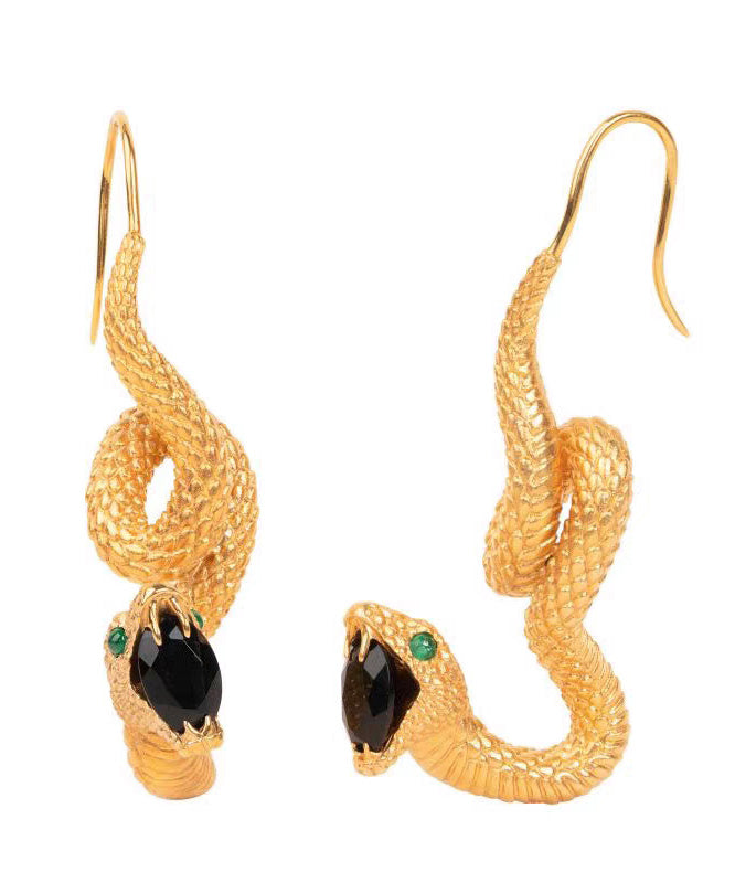 Retro Gold 14K Gold Black Agate Emerald Snakelike Drop Earrings WO009