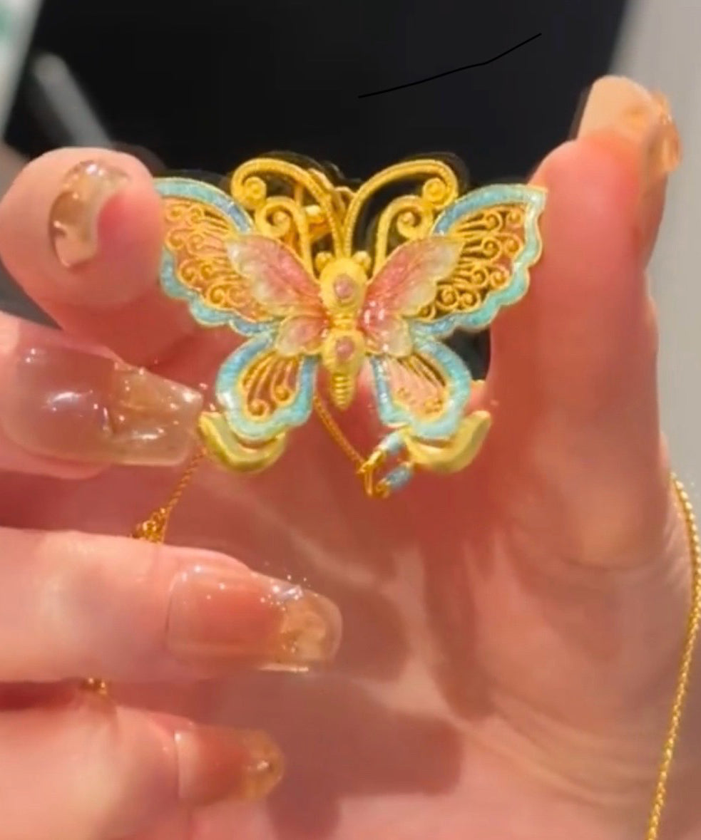 Ancient Butterfly Necklace Enamel Pendant Retro Gold