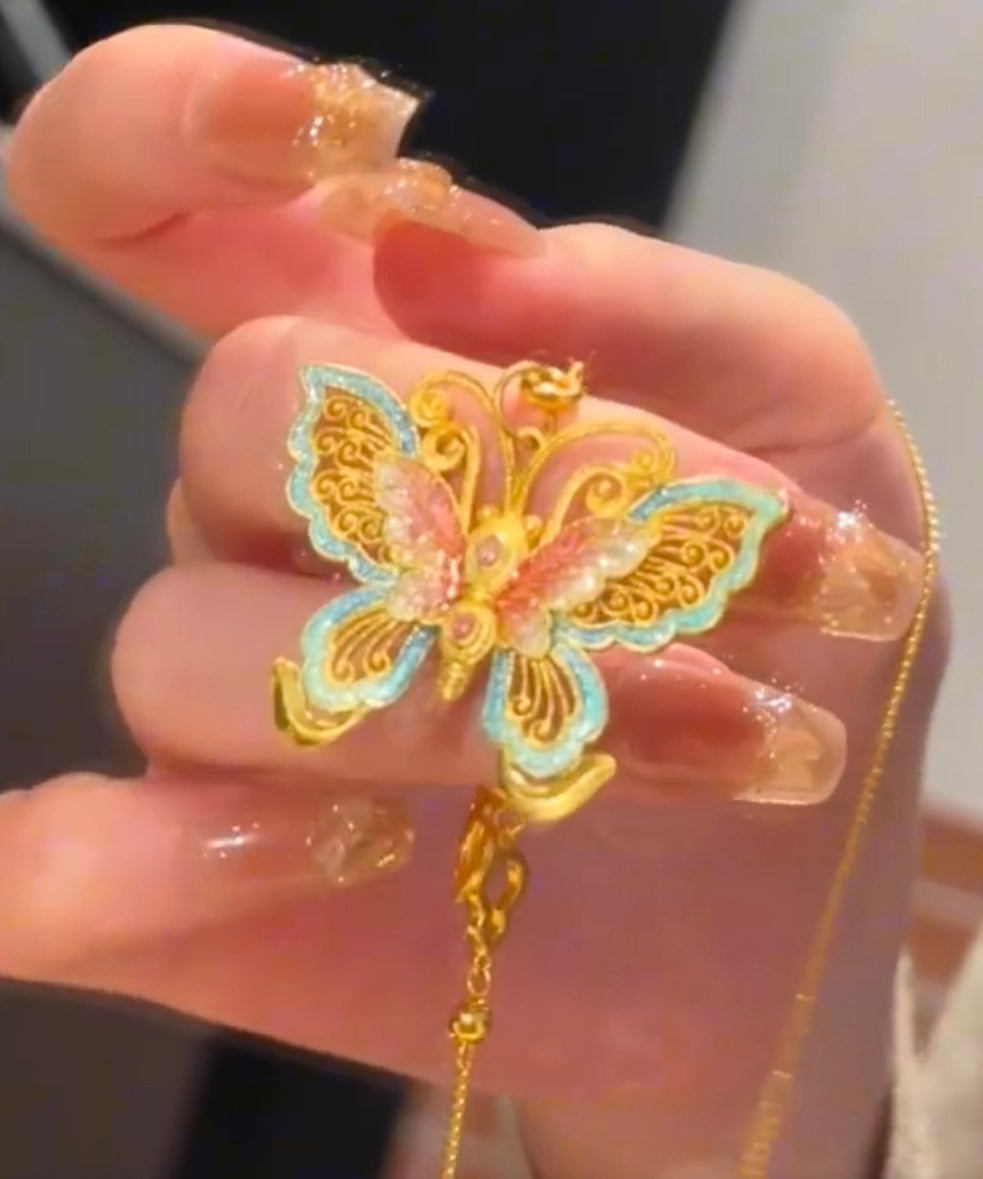 Ancient Butterfly Necklace Enamel Pendant Retro Gold
