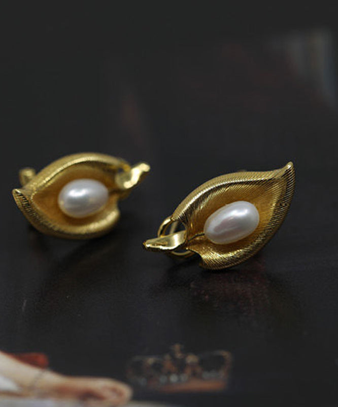 Earrings Copper Stud Retro Overgild Pearl Gold