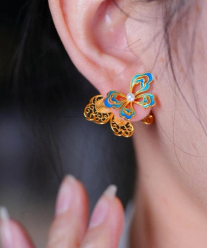 Overgild Butterfly Pearl Gold Stud Retro Enamel Silver Sterling