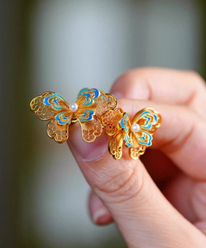 Overgild Butterfly Pearl Gold Stud Retro Enamel Silver Sterling