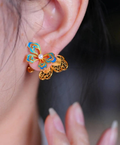 Overgild Butterfly Pearl Gold Stud Retro Enamel Silver Sterling