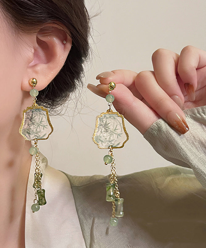 Retro Gold Sterling Silver Overgild Gem Stone Tassel Drop Earrings ZZ041