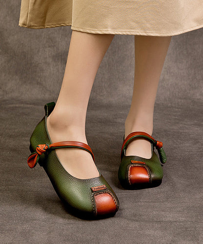 Shoes Buckle Leather Splicing Cowhide Flat Feet Retro Green Strap