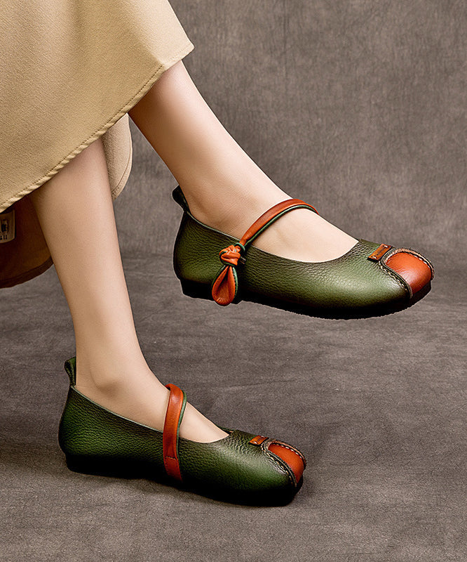 Shoes Buckle Leather Splicing Cowhide Flat Feet Retro Green Strap