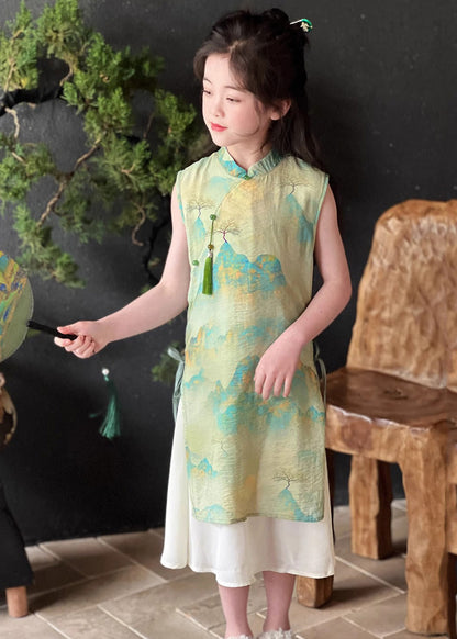 Robe longue à manches courtes pour enfants, col montant, imprimé rétro vert, taille nouée, MN030