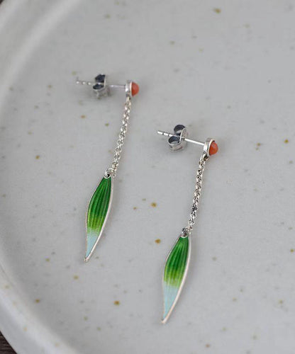 Retro Green Sterling Silver Agate Cloisonne Enamel Bamboo Leaf Drop Earrings QQ057