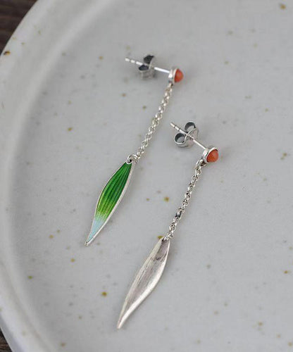 Retro Green Sterling Silver Agate Cloisonne Enamel Bamboo Leaf Drop Earrings QQ057