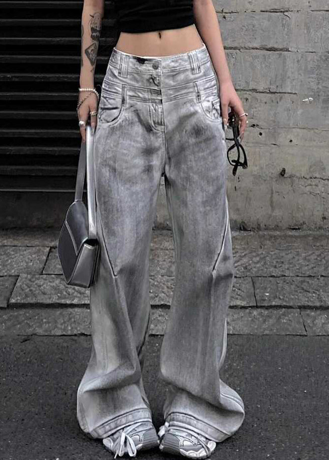 Retro Grey Button High Waist Denim Pants Fall QF053