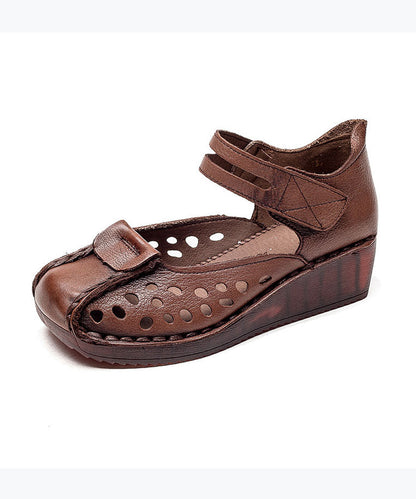 Retro Hollow Out Splicing Wedge Sandals Brown Cowhide Leather JJ032