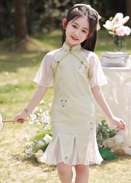 Dress Long Patchwork Kids Light Green Ruffled Print Summer Retro
