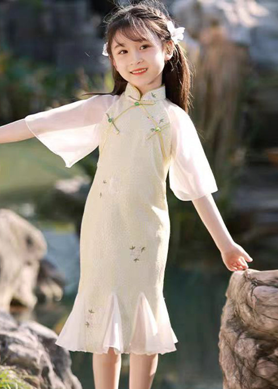 Dress Long Patchwork Kids Light Green Ruffled Print Summer Retro