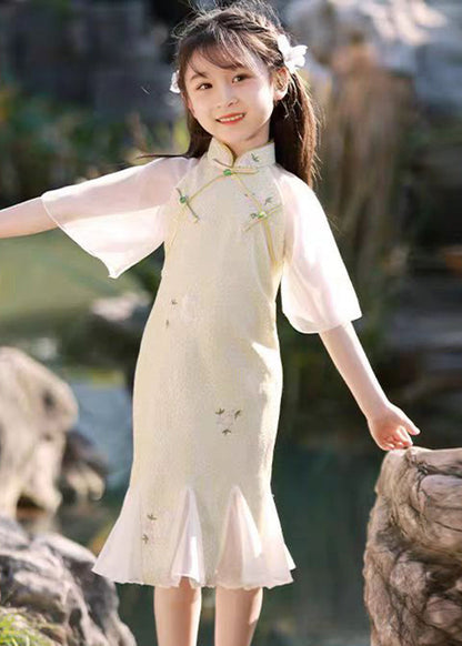 Dress Long Patchwork Kids Light Green Ruffled Print Summer Retro