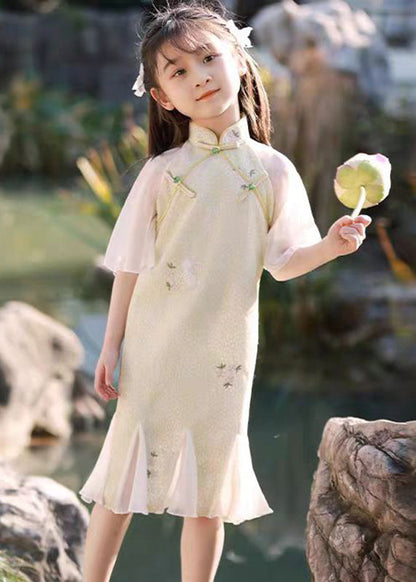 Dress Long Patchwork Kids Light Green Ruffled Print Summer Retro