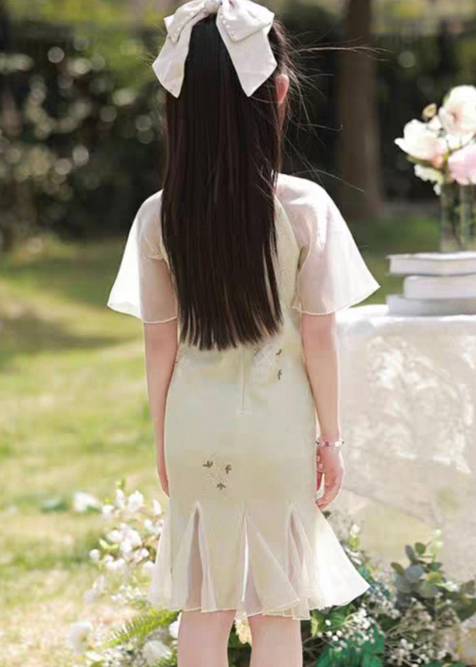 Dress Long Patchwork Kids Light Green Ruffled Print Summer Retro