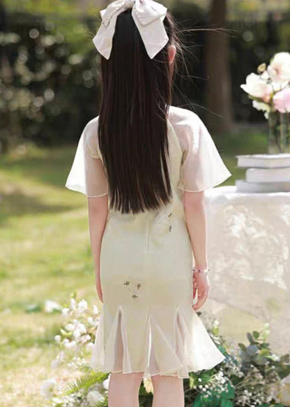 Dress Long Patchwork Kids Light Green Ruffled Print Summer Retro