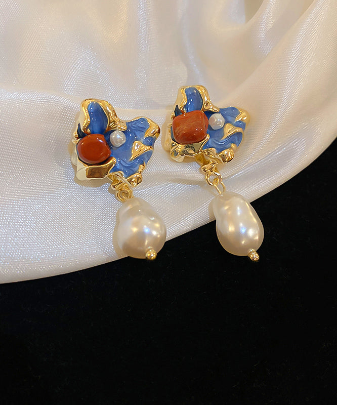 Pearl Earrings Multicolor Alloy Retro Floral Copper Drop