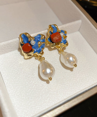 Pearl Earrings Multicolor Alloy Retro Floral Copper Drop