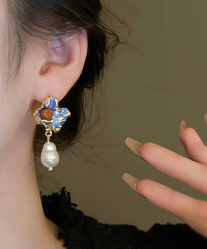 Pearl Earrings Multicolor Alloy Retro Floral Copper Drop
