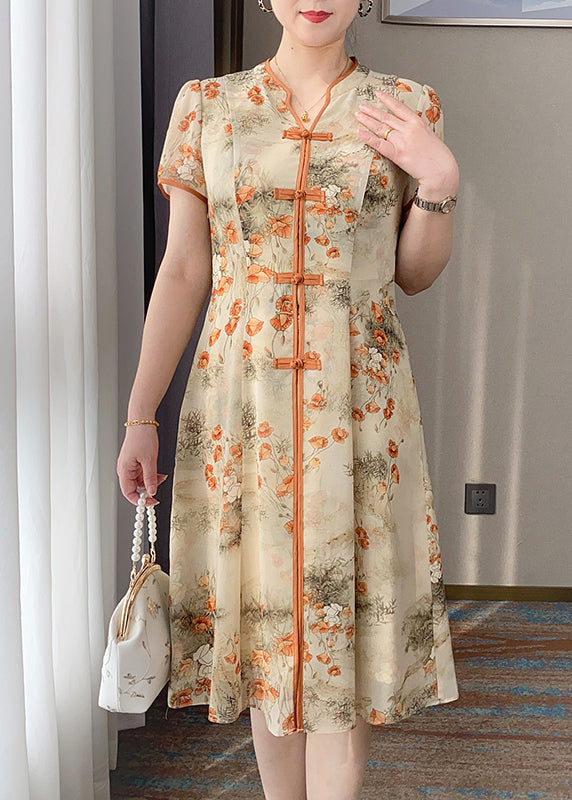 Retro Orange V Neck Print Chinese Button Silk Dress Summer BB014