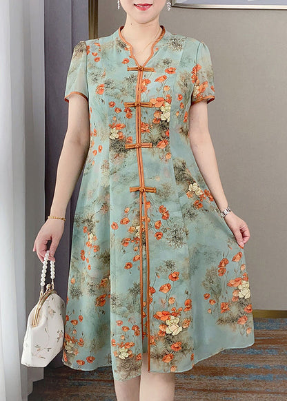 Retro Orange V Neck Print Chinese Button Silk Dress Summer BB014