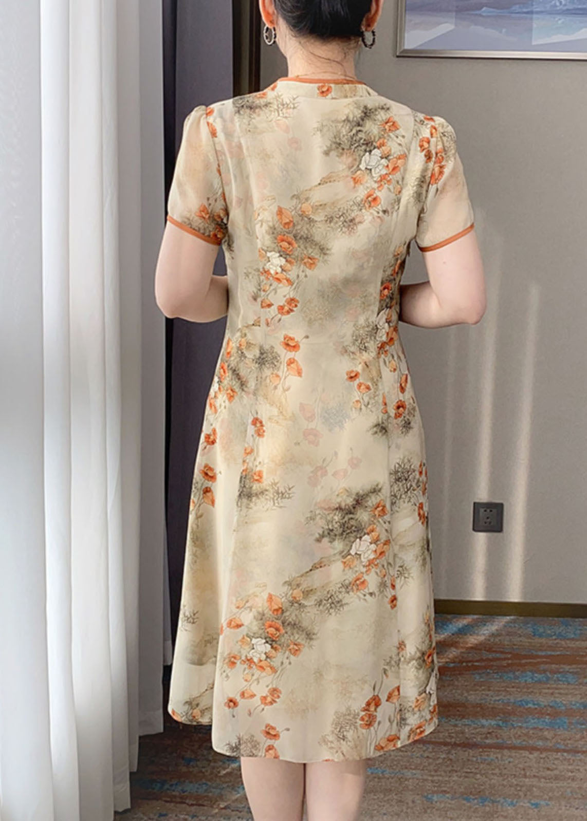 Retro Orange V Neck Print Chinese Button Silk Dress Summer BB014