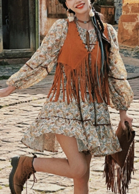 Waistcoat Pieces Two Long Tassel Dress And Patchwork Set Retro