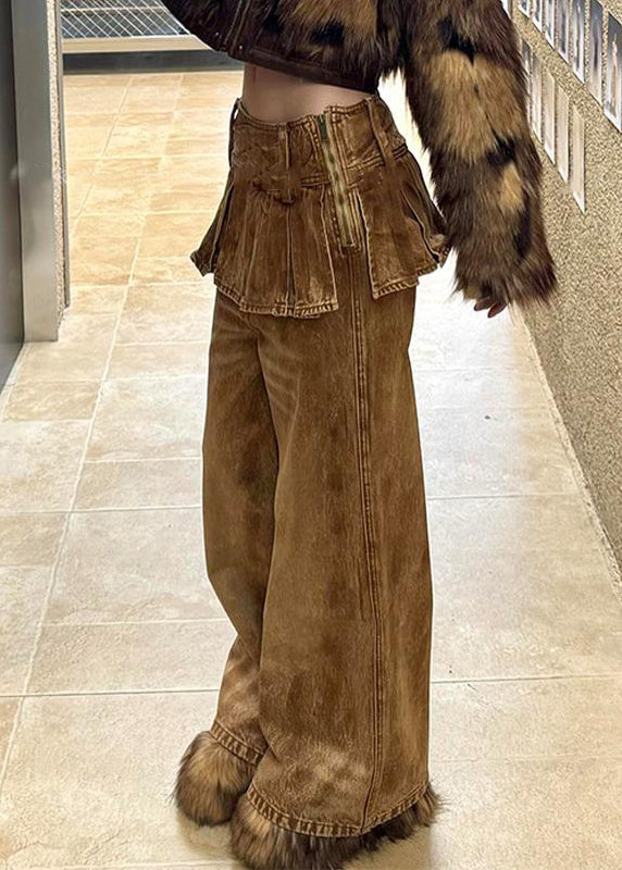 Color Patchwork Waist Zippered Pants Photo Denim High Retro