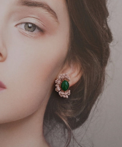 Stud Agate Sterling Pink Asymmetry Silver Earrings Retro