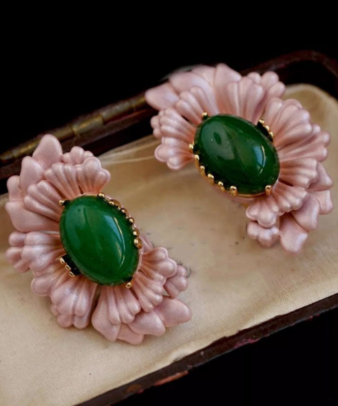 Stud Agate Sterling Pink Asymmetry Silver Earrings Retro