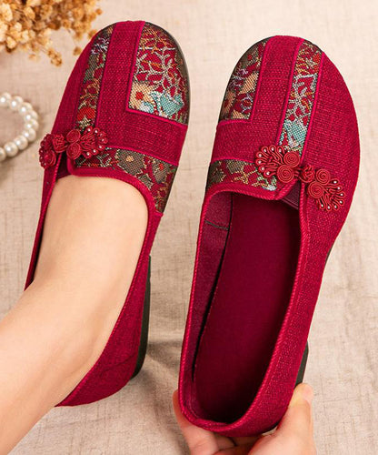 Red Retro Shoes Button Embroidered Splicing Oriental Flat