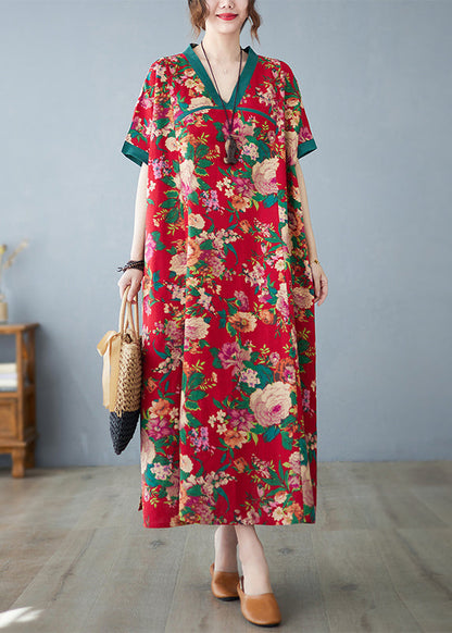 Cotton Dresses Maxi Summer Print Red Oversized Retro