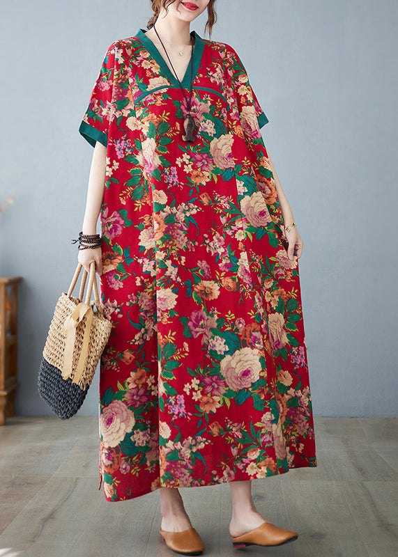 Cotton Dresses Maxi Summer Print Red Oversized Retro