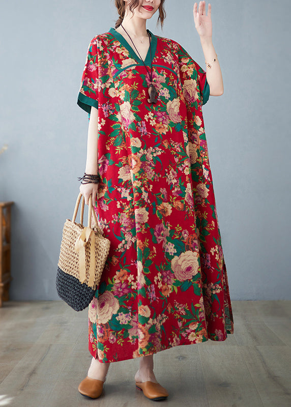 Cotton Dresses Maxi Summer Print Red Oversized Retro