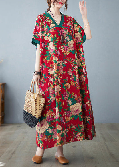Cotton Dresses Maxi Summer Print Red Oversized Retro