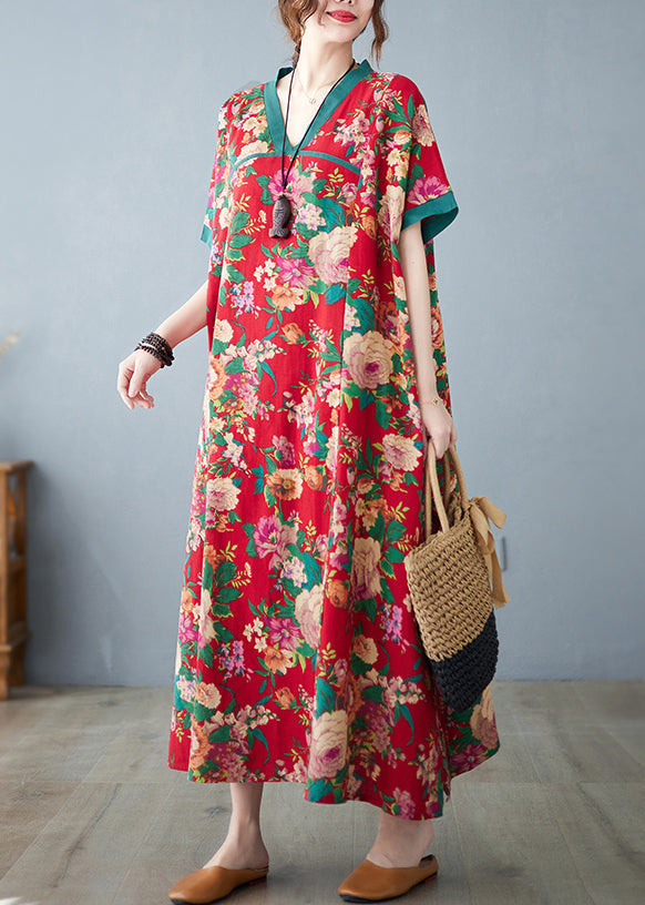 Cotton Dresses Maxi Summer Print Red Oversized Retro
