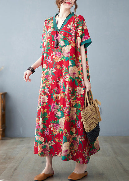 Cotton Dresses Maxi Summer Print Red Oversized Retro