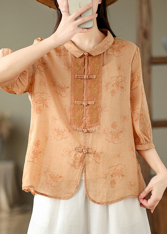 Retro Red Peter Pan Collar Embroidered Print Shirt Summer UU046