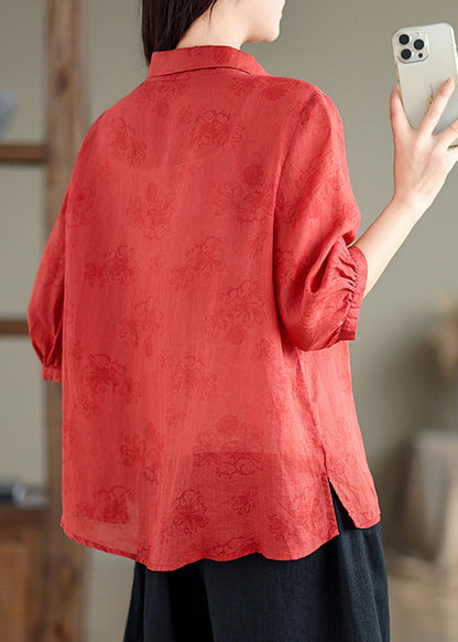 Retro Red Peter Pan Collar Embroidered Print Shirt Summer UU046